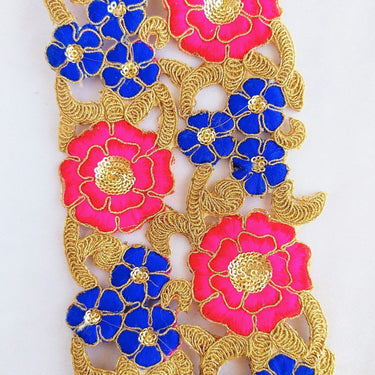 Floral Embroidery Indian Trim With Gold Sequins, Fuchsia Pink, Blue & Gold